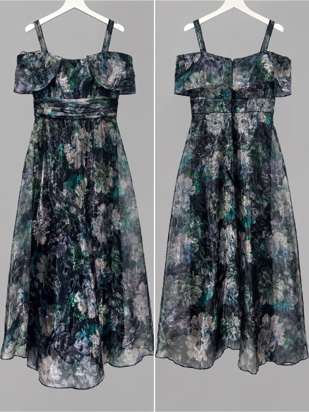 R&M Richards Girls' Floral Off-Shoulder Maxi Dress - Navy, Teal & Silver